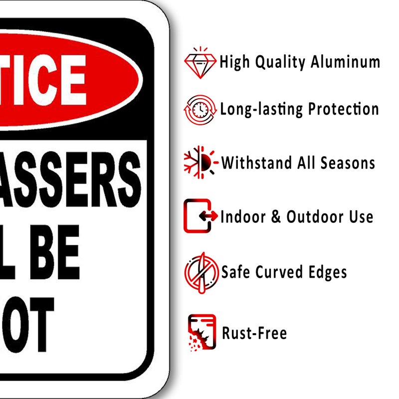 Work House Signs لافتة تحذير: سيتم إطلاق النار على المتسللين 8.5" × 10"، لافتات ممتلكات خاصة، لافتة تحذير من الألمنيوم قابلة للتعليق على الحائط، لافتات أمان للمنزل أو العمل، لافتات داخلية أو خارجية من الألمنيوم، لافتات عدم التعدي على الممتلكات الخاصة - Image 2